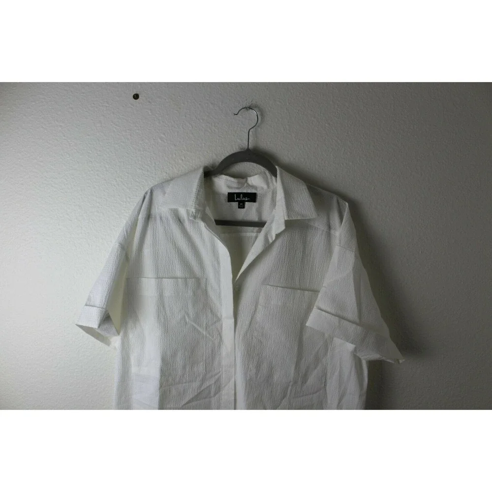 Lulu's White Button Up Down Dress Lined Size Medium Pockets - Picture 2 of 7